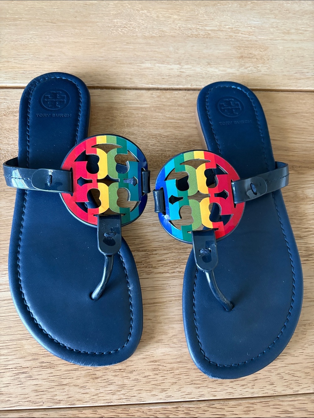 Tory Burch Navy Leather Sandals with Rainbow Logo Discs